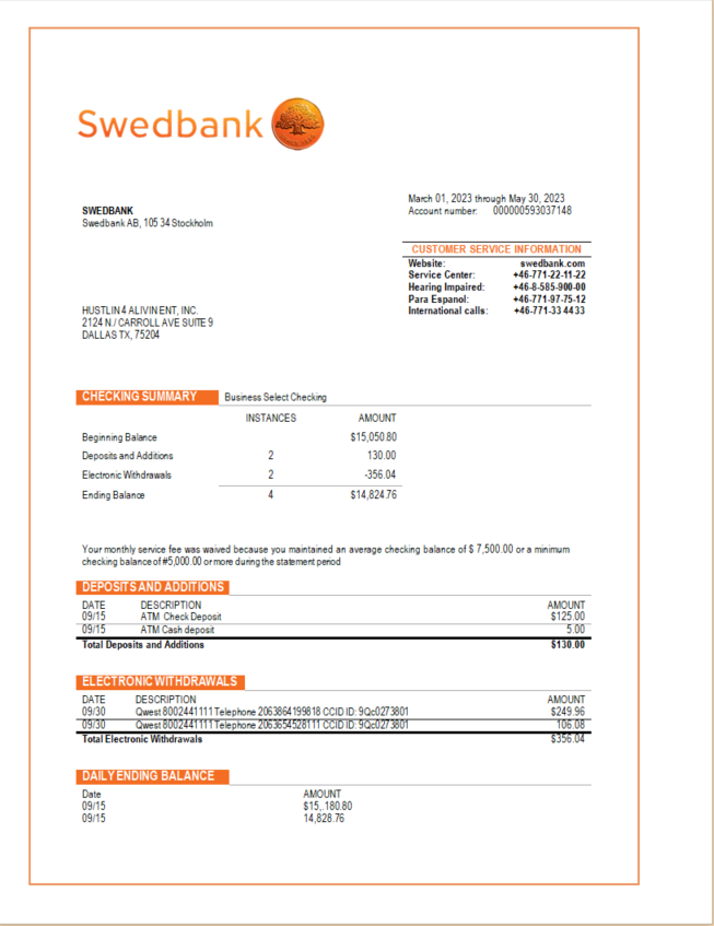 Modèle Word et PDF de relevé de compte courant d'entreprise Swedbank